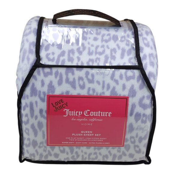 Juicy Couture Queen Plush Sheet Set Ultra Soft Cozy Leopard Print Lavender - Picture 8 of 8